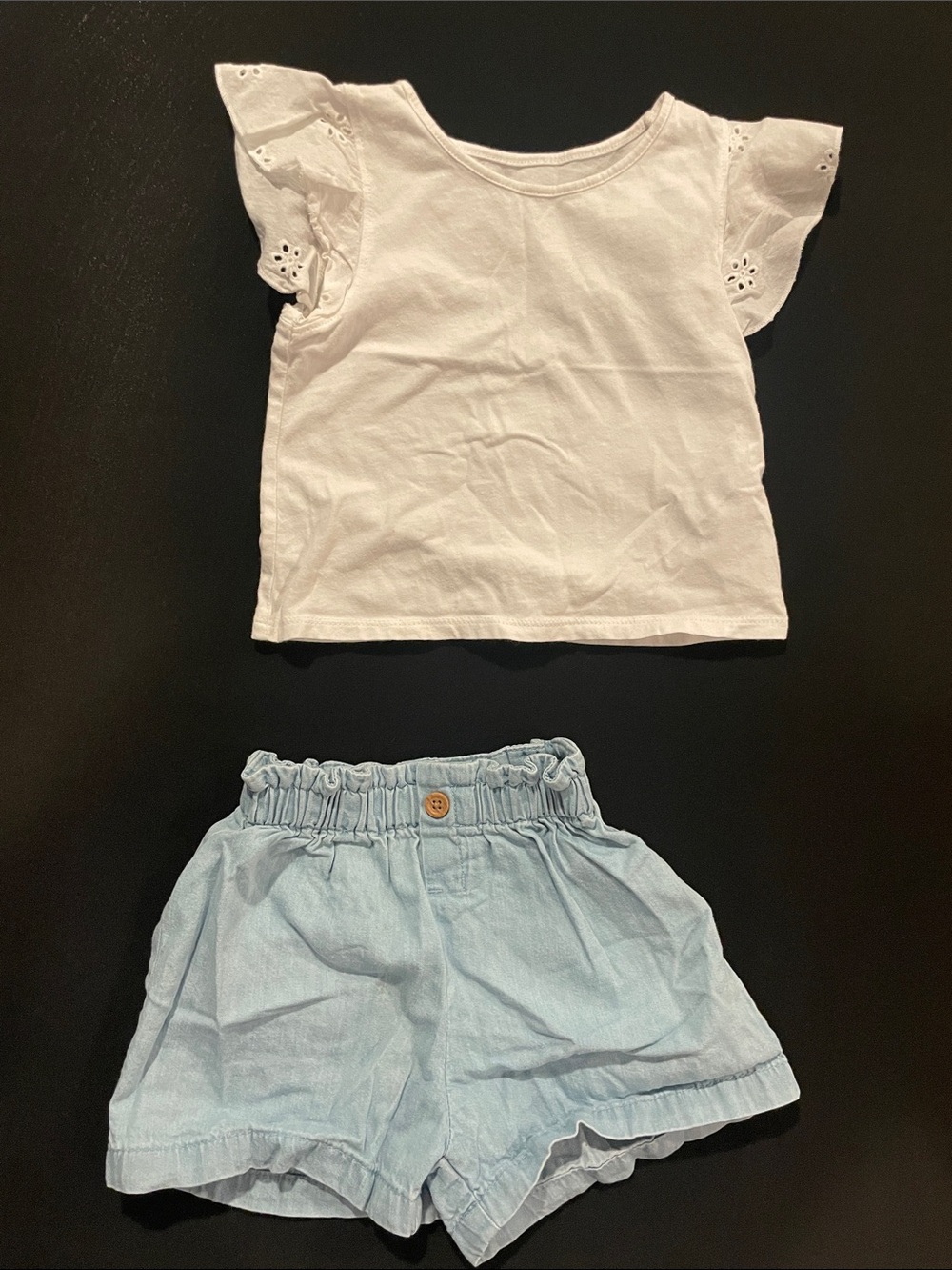 H&M White Eyelet Flutter Sleeve Tee with Light Blue Shorts
